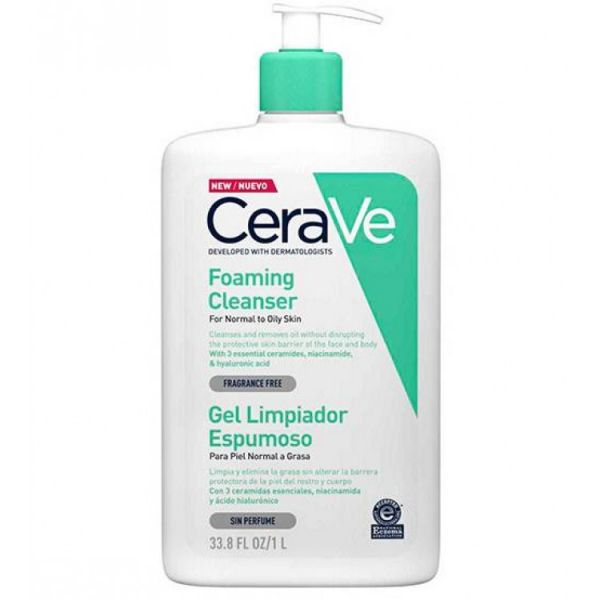 Gel limpiador espumoso para piel grasa normal Cerave Pie, sin perfume, 1000 ml